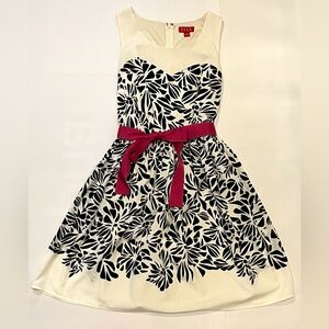 Elle Ivory and Black Print Lined Sleeveless Dress w/ Pink Belt Size 2